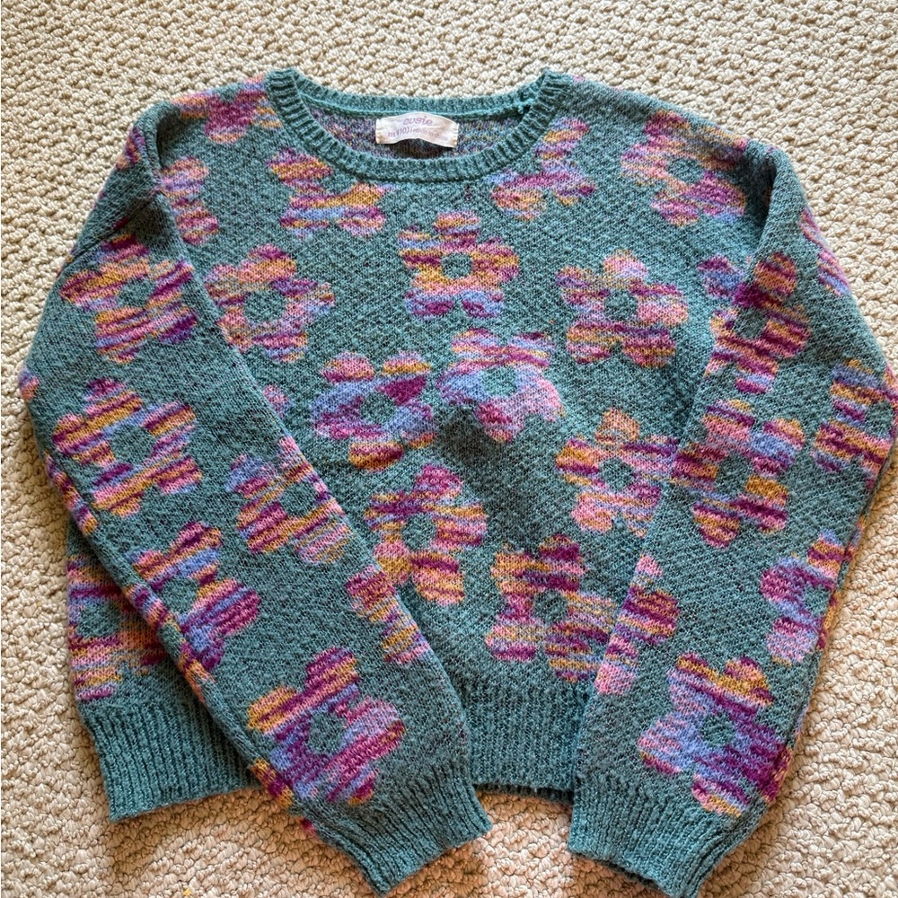 Kids Floral Knit Sweater - Teal and Multicolor